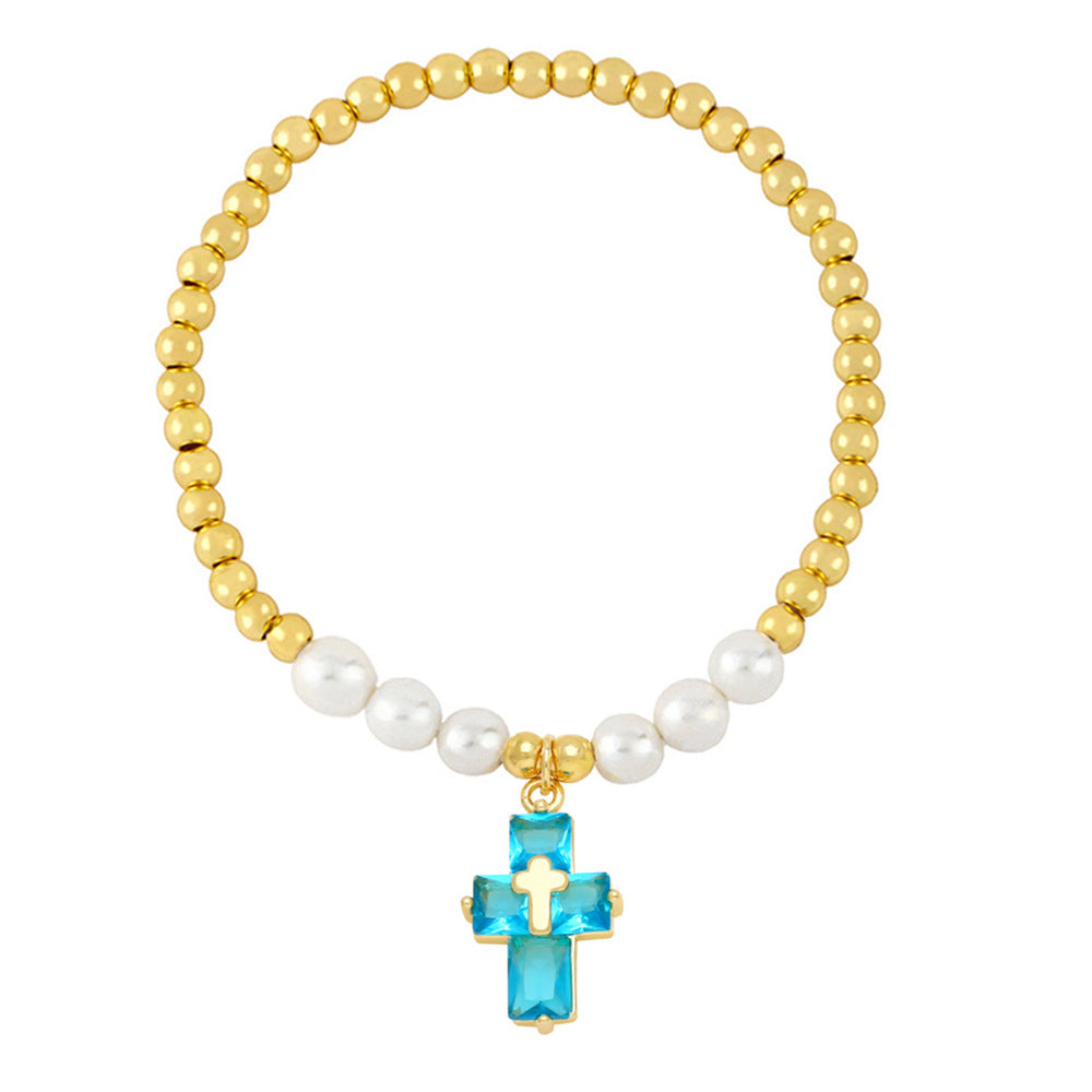 Wholesale Copper Plated Real Gold Cross Pendant Beaded Bracelet